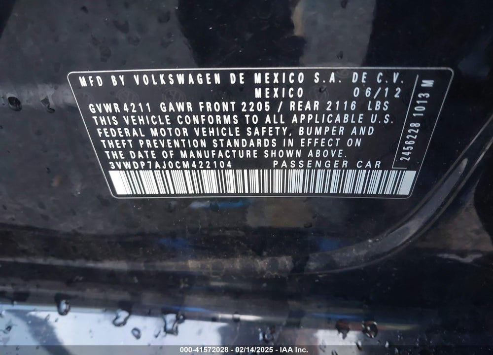 2012 VOLKSWAGEN JETTA 2.5L SE VIN: 3VWDP7AJ0CM422104