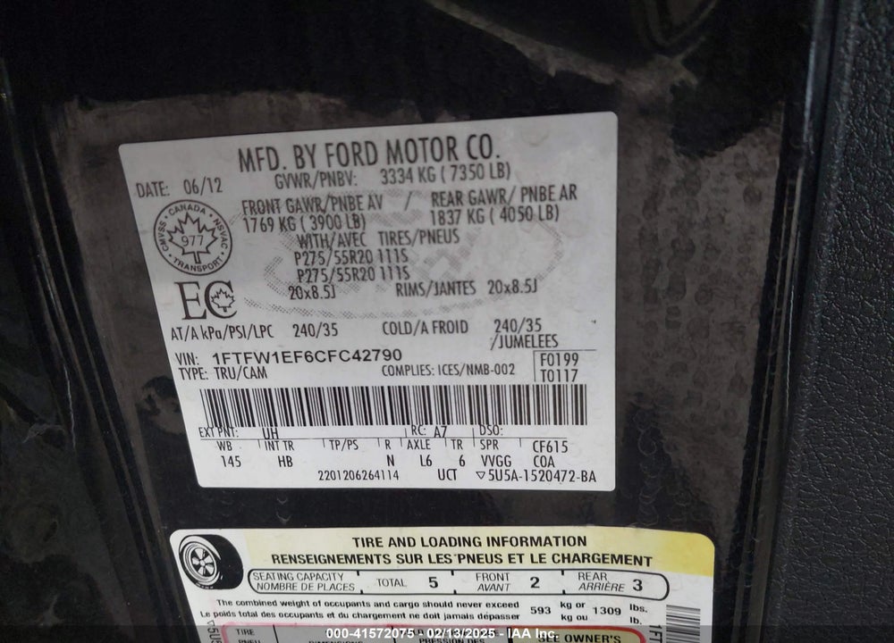 2012 FORD F-150 VIN: 1FTFW1EF6CFC42790