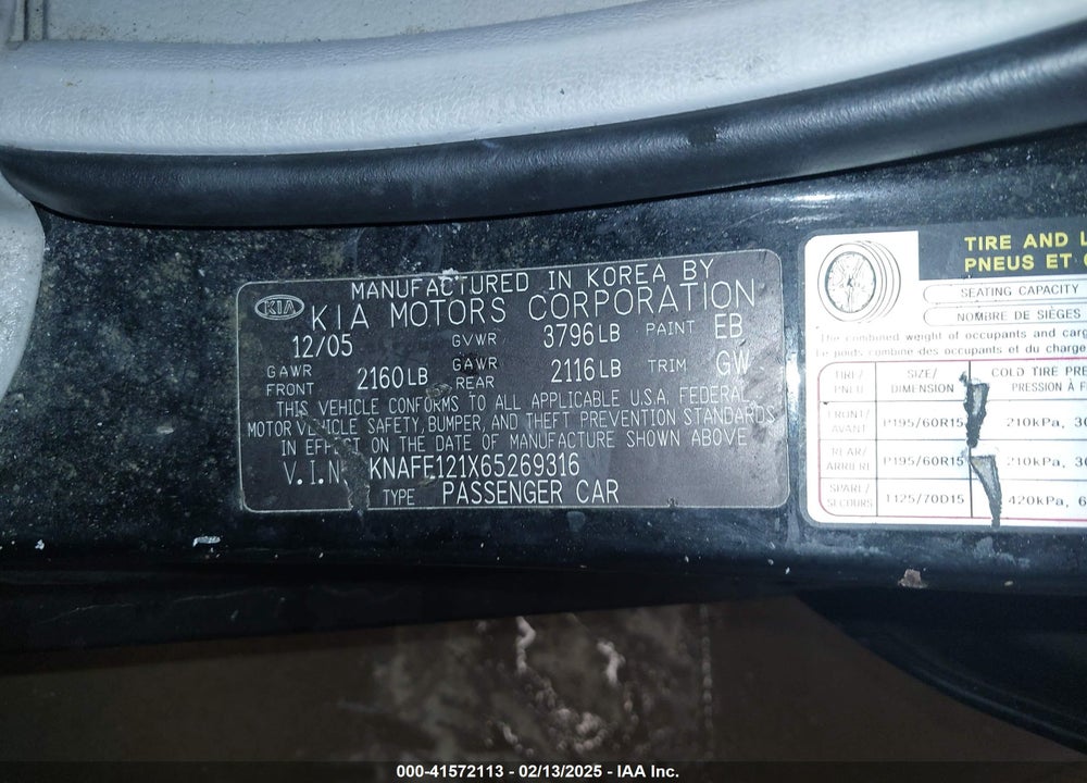 2006 KIA SPECTRA VIN: KNAFE121X65269316