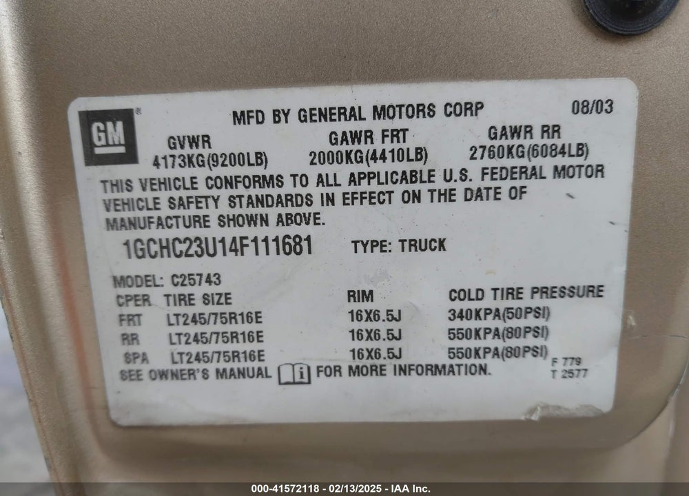 2004 CHEVROLET SILVERADO 2500HD LS VIN: 1GCHC23U14F111681
