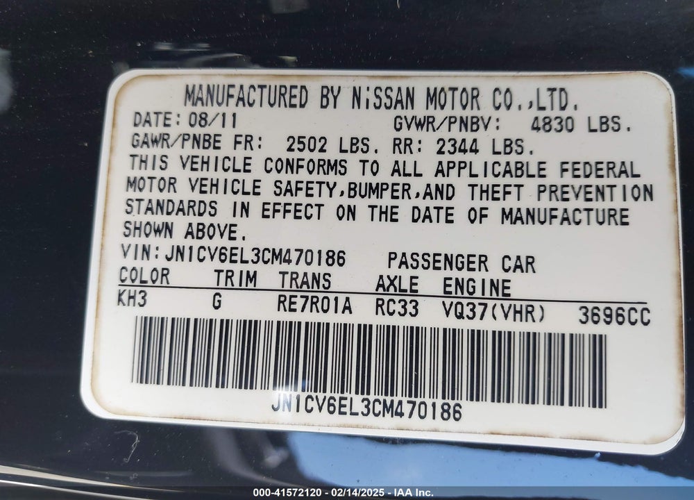 2012 INFINITI G37X VIN: JN1CV6EL3CM470186