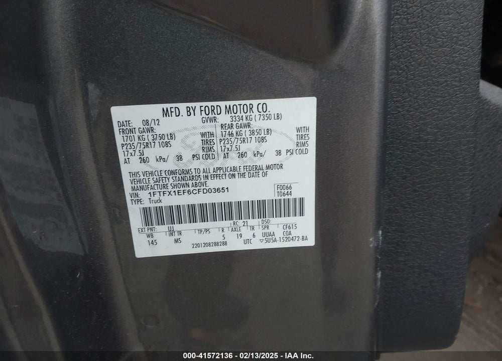2012 FORD F-150 XLT VIN: 1FTFX1EF6CFD03651