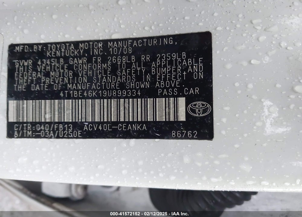 2009 TOYOTA CAMRY LE VIN: 4T1BE46K19U899334