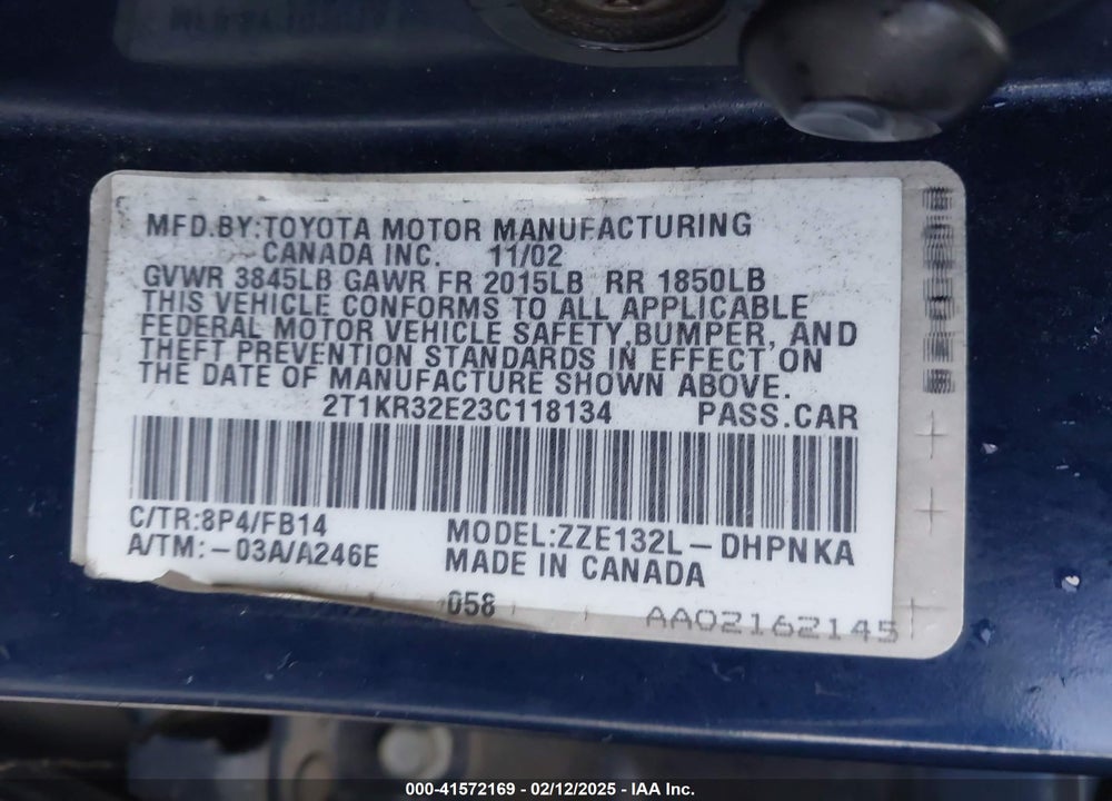 2003 TOYOTA MATRIX/XR VIN: 2T1KR32E23C118134