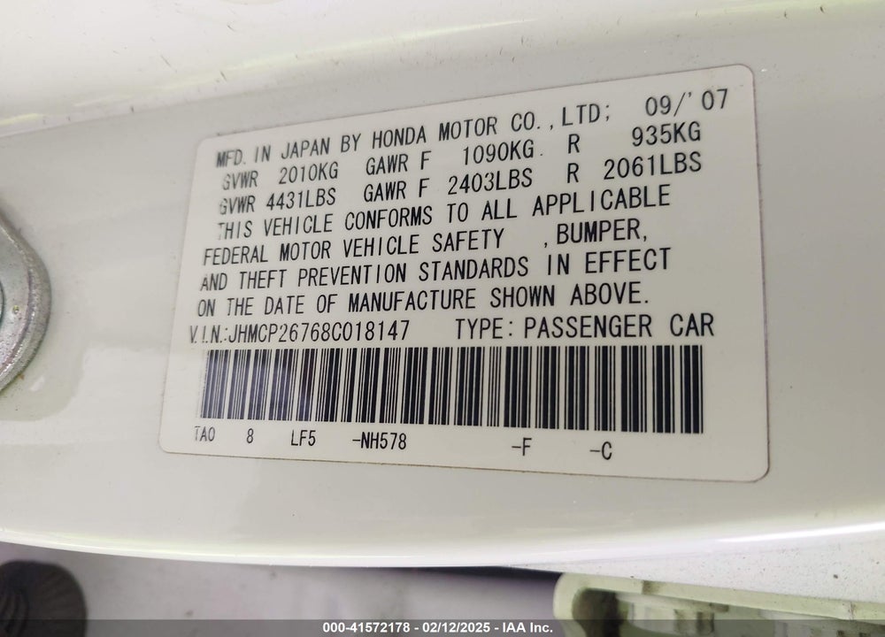 2008 HONDA ACCORD 2.4 EX VIN: JHMCP26768C018147