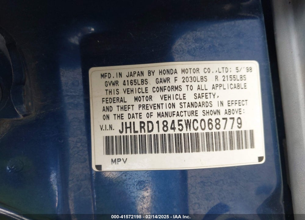 1998 HONDA CR-V LX VIN: JHLRD1845WC068779