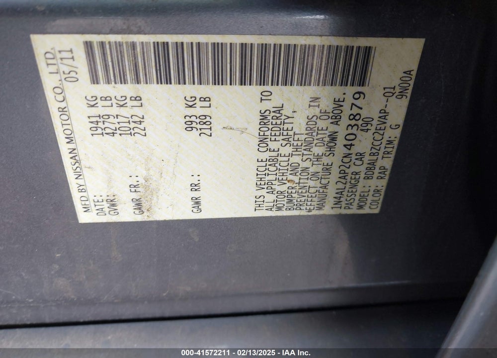 2012 NISSAN ALTIMA 2.5 S VIN: 1N4AL2AP2CN403879