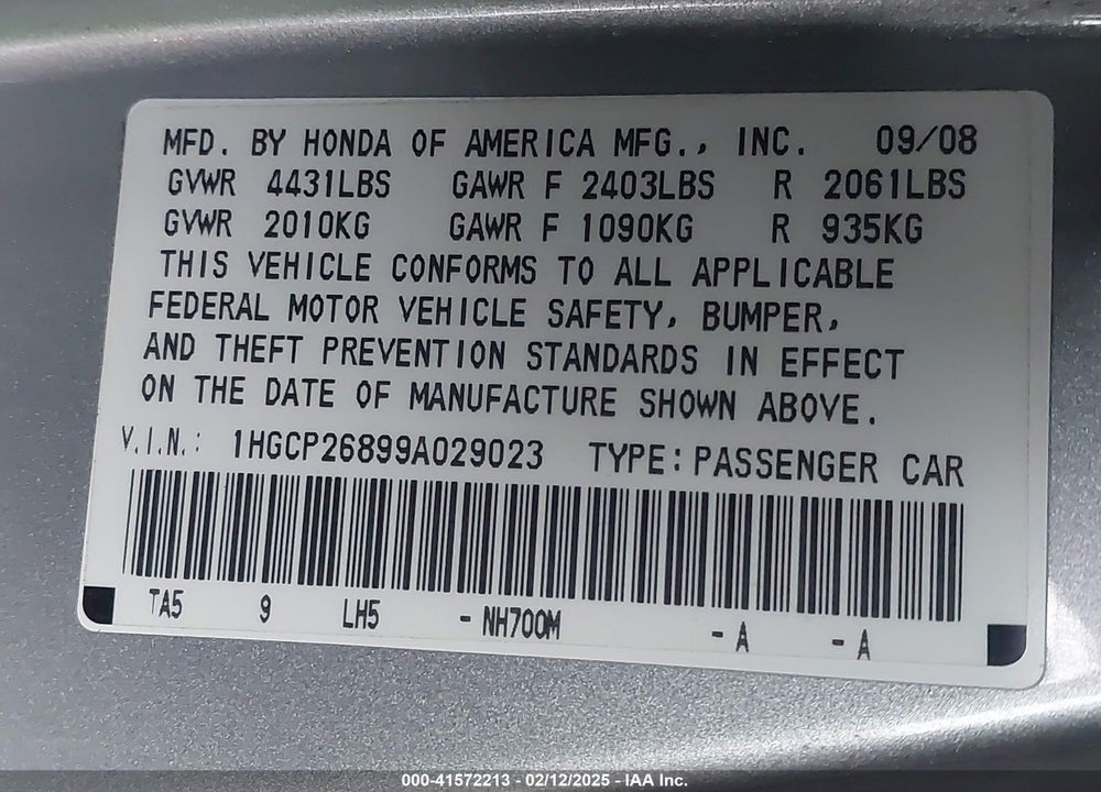 2009 HONDA ACCORD 2.4 EX-L VIN: 1HGCP26899A029023