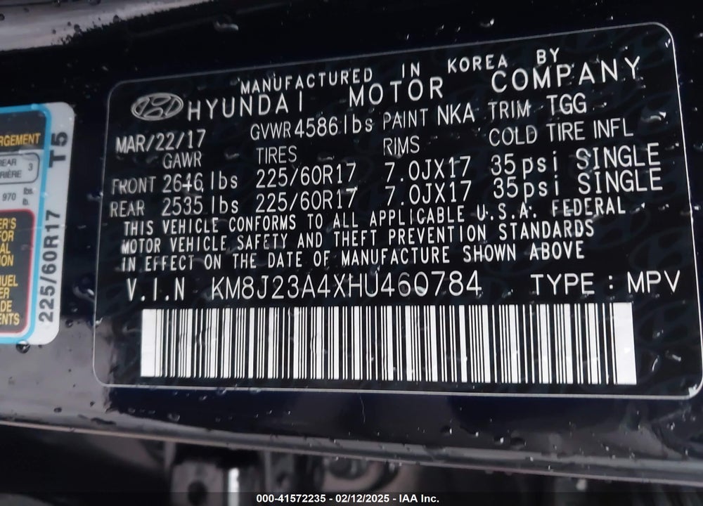 2017 HYUNDAI TUCSON SE VIN: KM8J23A4XHU460784