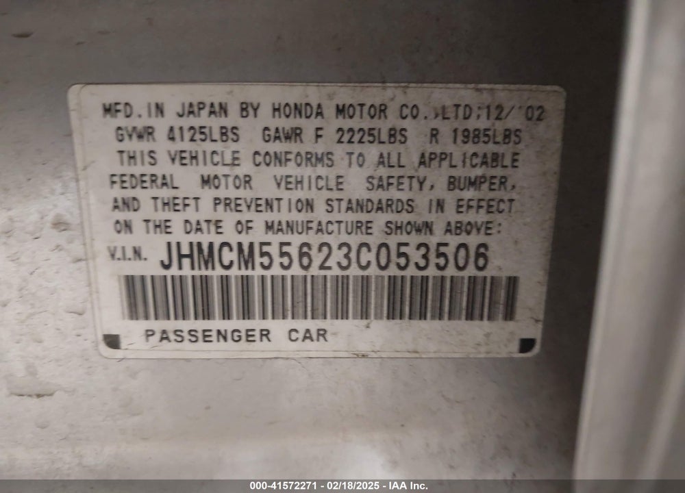 2003 HONDA ACCORD 2.4 EX VIN: JHMCM55623C053506