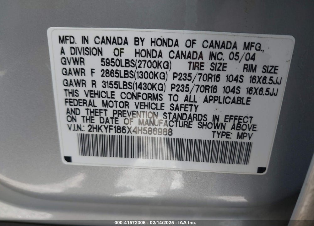 2004 HONDA PILOT EX-L VIN: 2HKYF186X4H586988