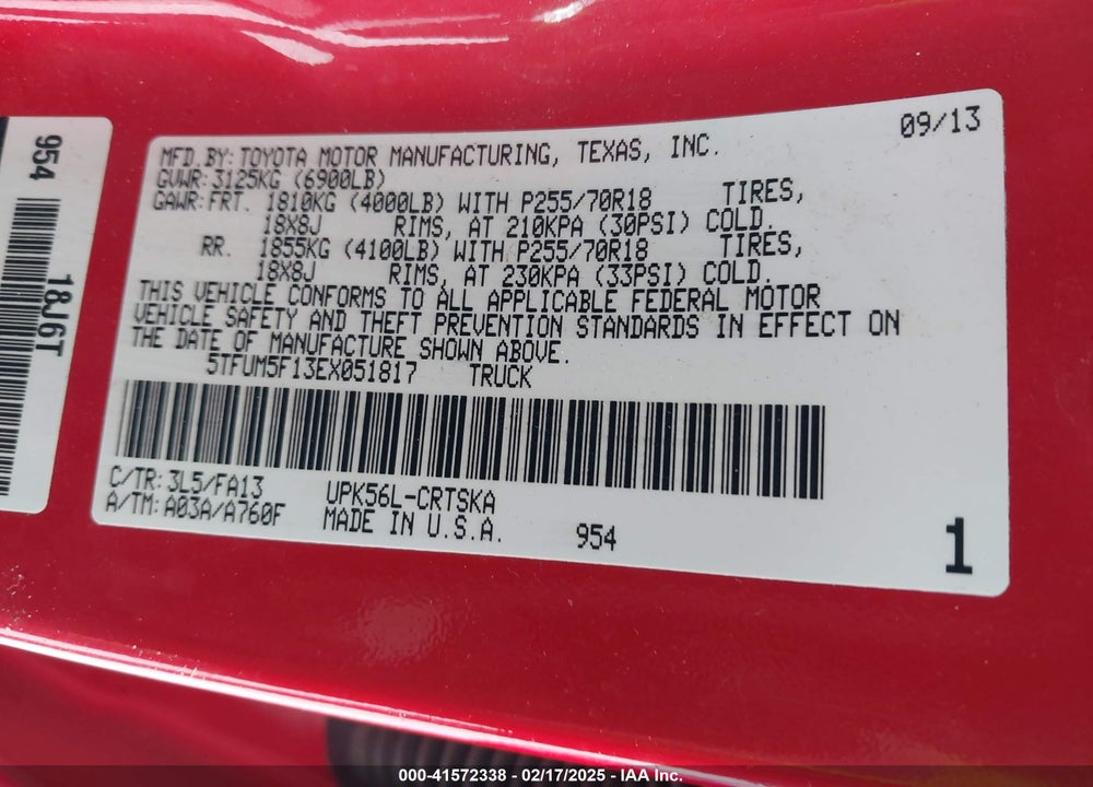 2014 TOYOTA TUNDRA VIN: 5TFUM5F13EX051817