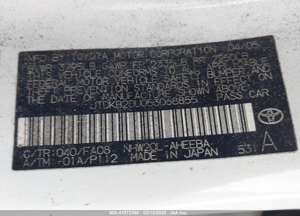 2005 TOYOTA PRIUS VIN: JTDKB20U053068855