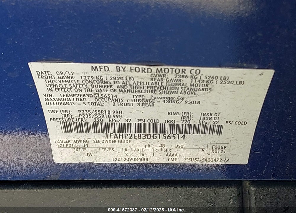 2013 FORD TAURUS VIN: 1FAHP2E83DG156514