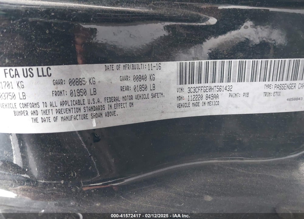 2017 FIAT 500E BATTERY ELECTRIC VIN: 3C3CFFGE0HT561432