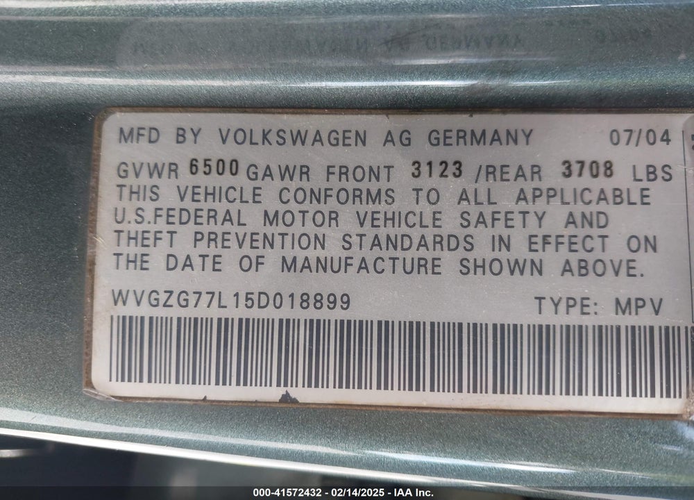 2005 VOLKSWAGEN TOUAREG V6 VIN: WVGZG77L15D018899