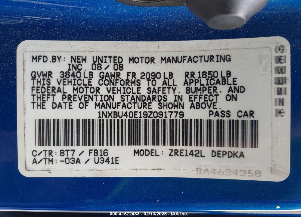 2009 TOYOTA COROLLA VIN: 1NXBU40E19Z091779
