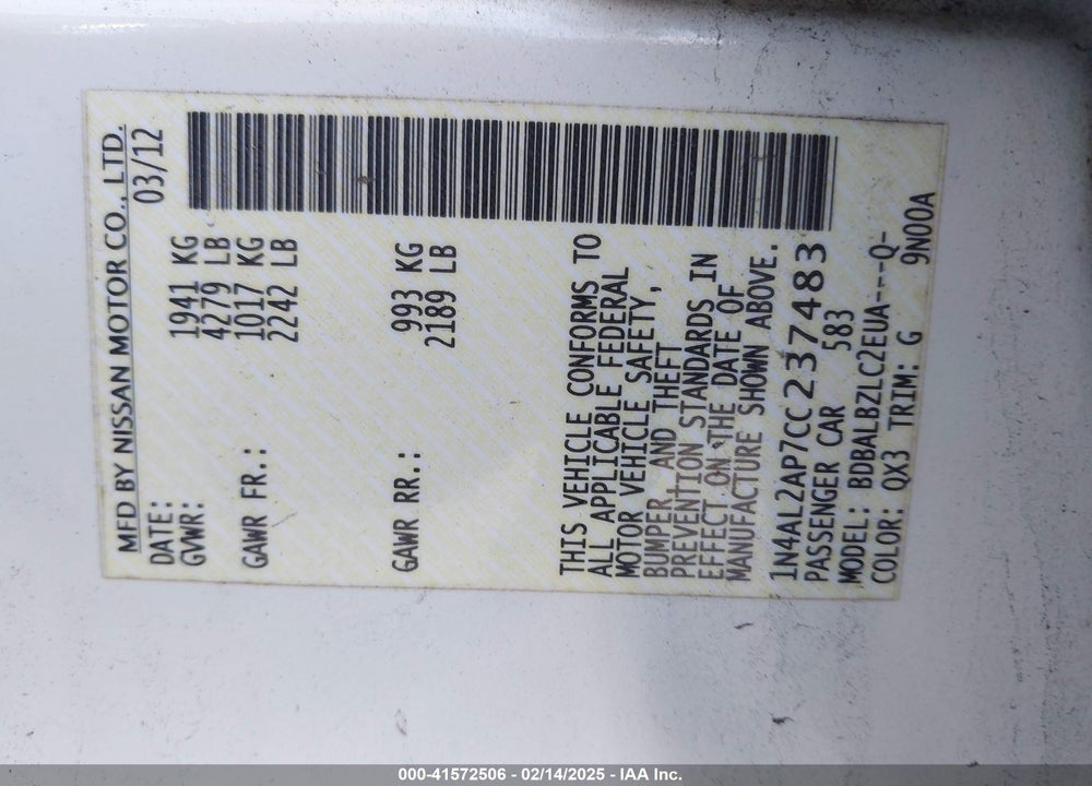 2012 NISSAN ALTIMA VIN: 1N4AL2AP7CC237483
