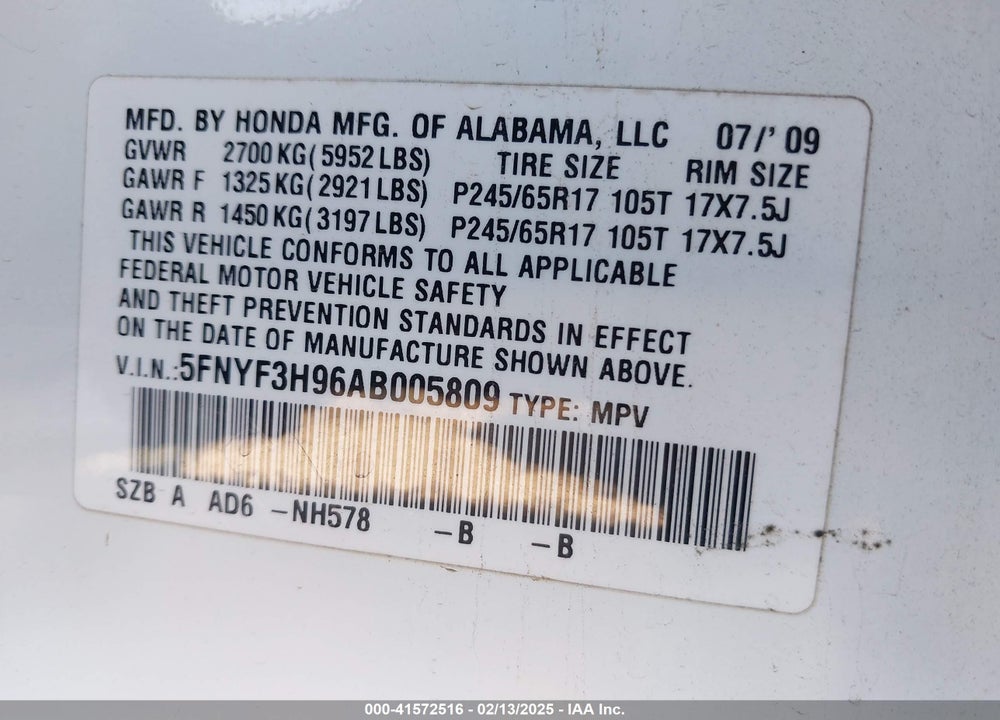 2010 HONDA PILOT TOURING VIN: 5FNYF3H96AB005809