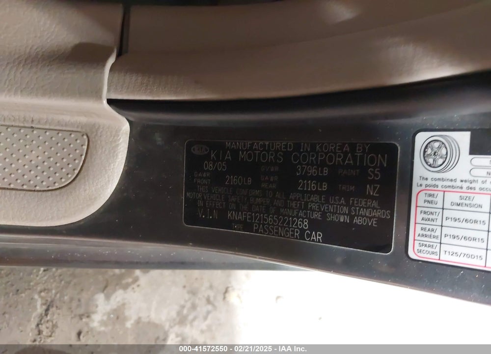 2006 KIA SPECTRA EX/LX/SX VIN: KNAFE121565221268