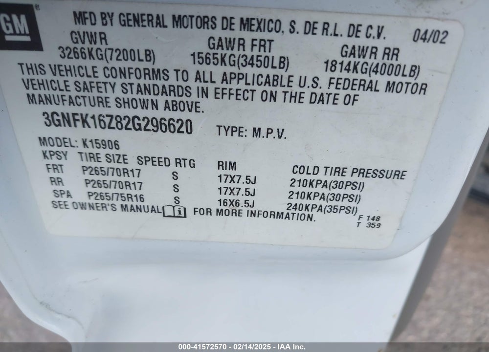 2002 CHEVROLET SUBURBAN 1500 Z71 VIN: 3GNFK16Z82G296620