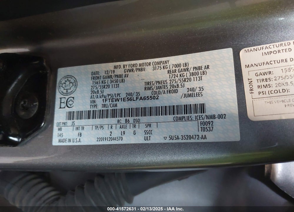 2020 FORD F150 VIN: 1FTEW1E56LFA65502