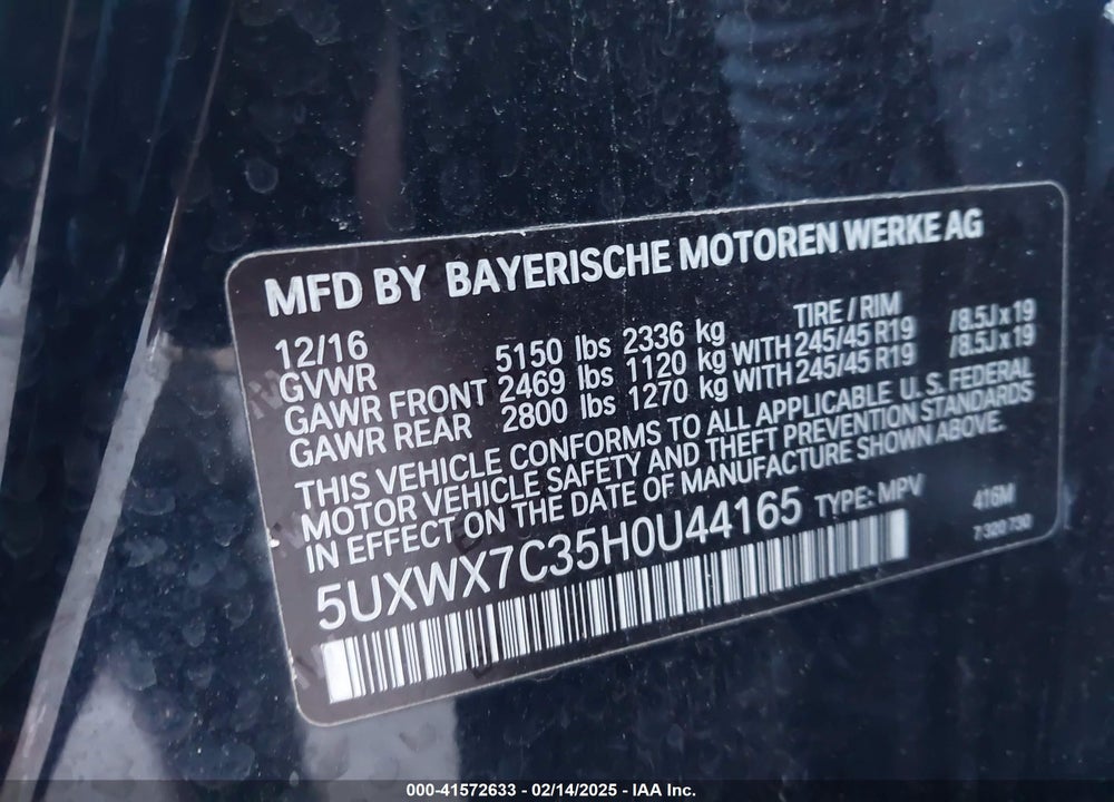 2017 BMW X3 XDRIVE35I VIN: 5UXWX7C35H0U44165