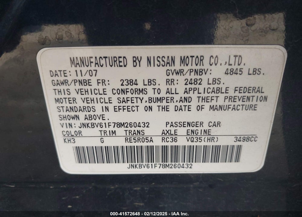 2008 INFINITI G35X VIN: JNKBV61F78M260432