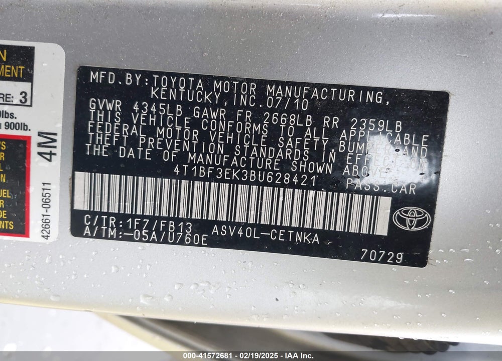2011 TOYOTA CAMRY VIN: 4T1BF3EK3BU628421