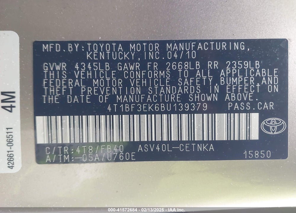 2011 TOYOTA CAMRY VIN: 4T1BF3EK6BU139379