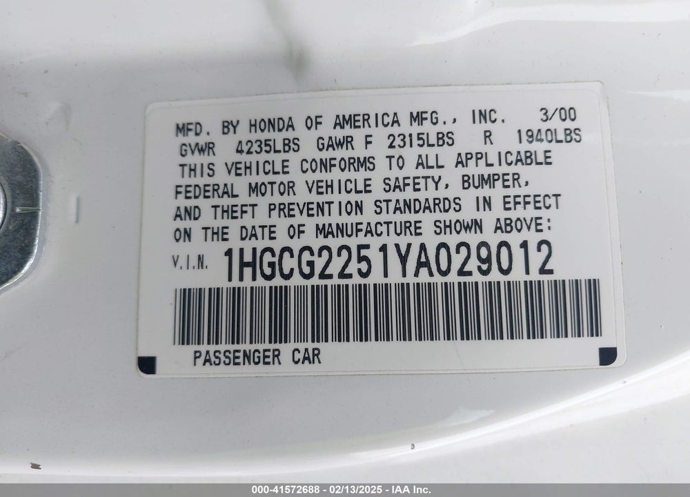 2000 HONDA ACCORD 3.0 EX VIN: 1HGCG2251YA029012