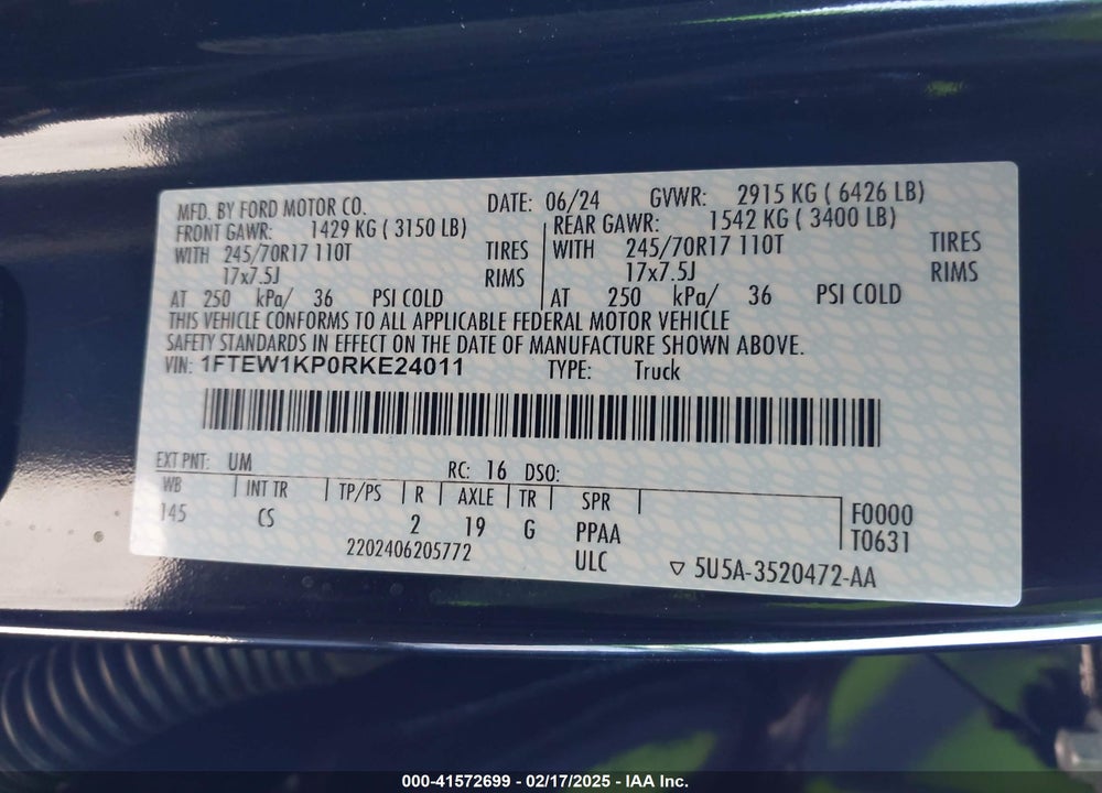2024 FORD F-150 VIN: 1FTEW1KP0RKE24011