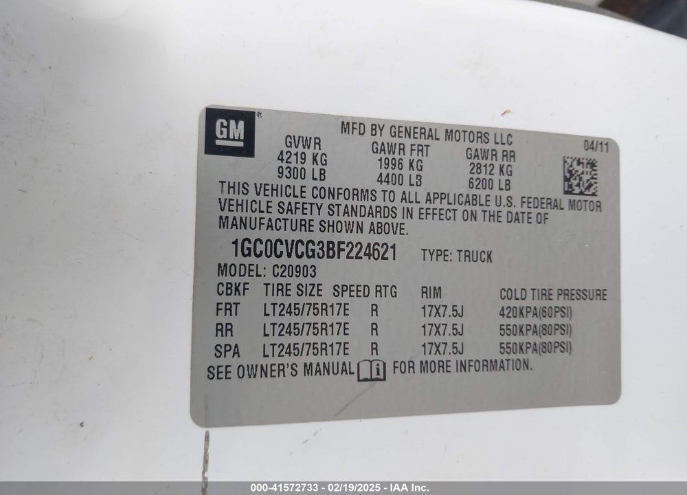 2011 CHEVROLET SILVERADO 2500HD VIN: 1GC0CVCG3BF224621