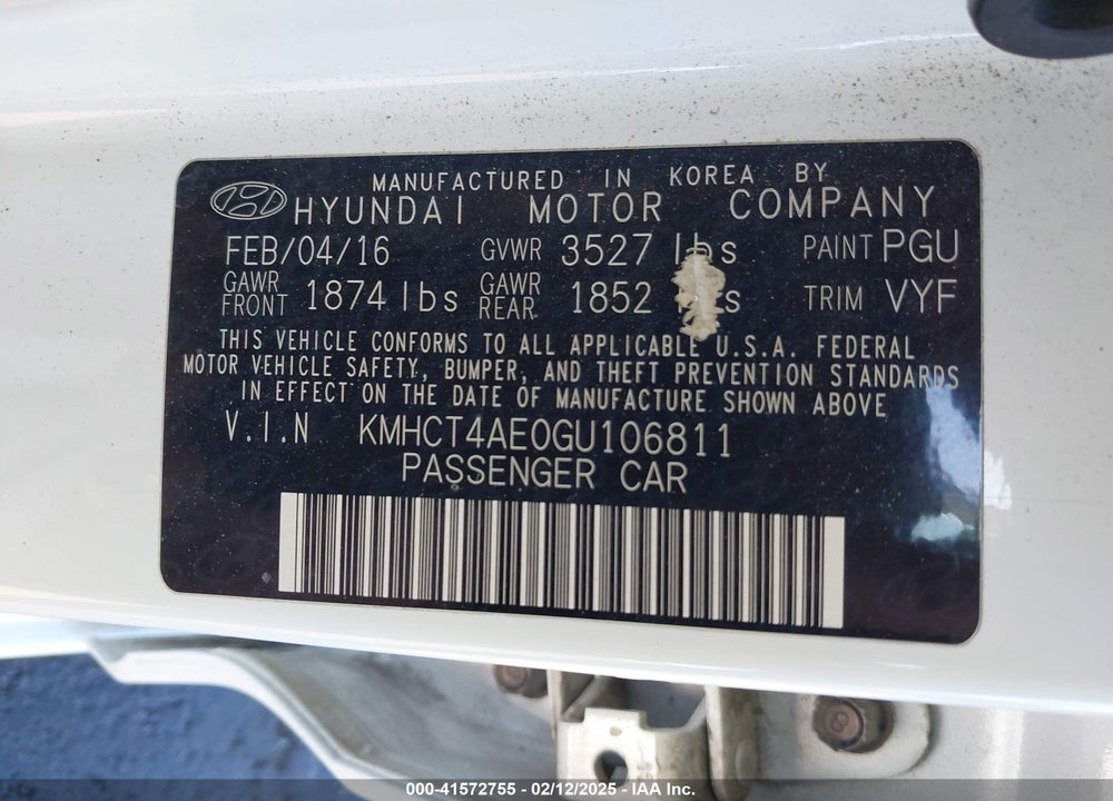 2016 HYUNDAI ACCENT VIN: KMHCT4AE0GU106811