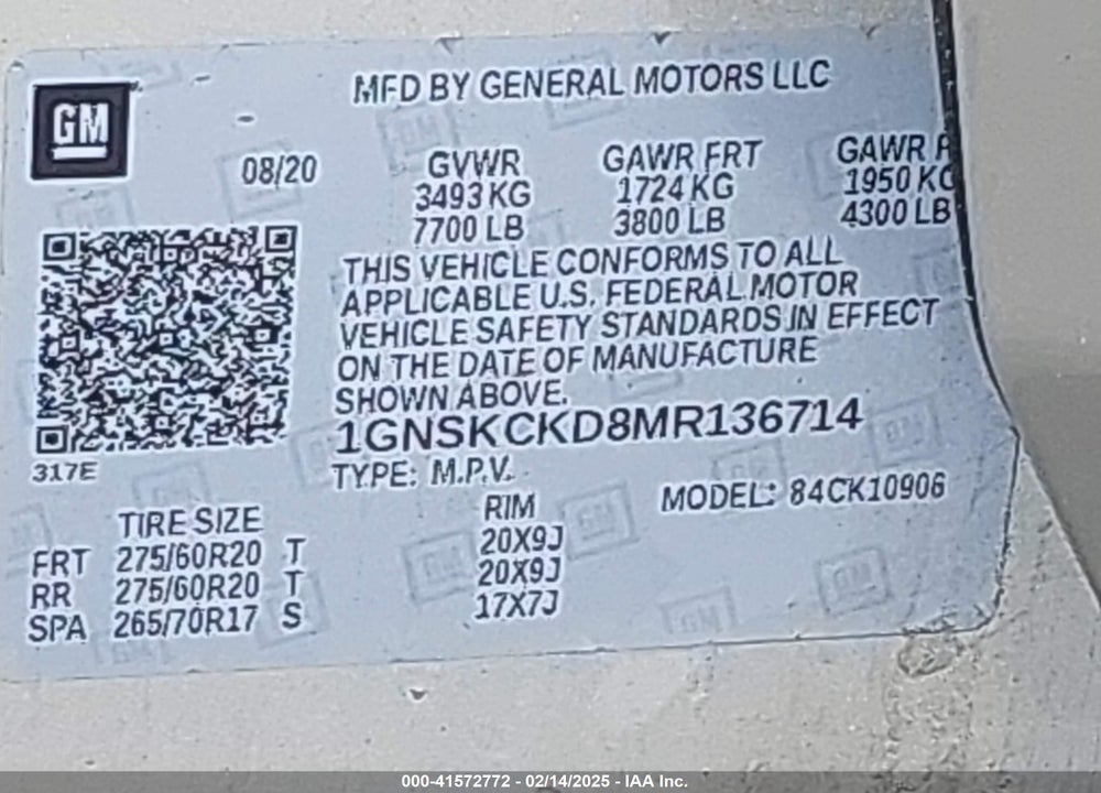 2021 CHEVROLET SUBURBAN 4WD LT VIN: 1GNSKCKD8MR136714