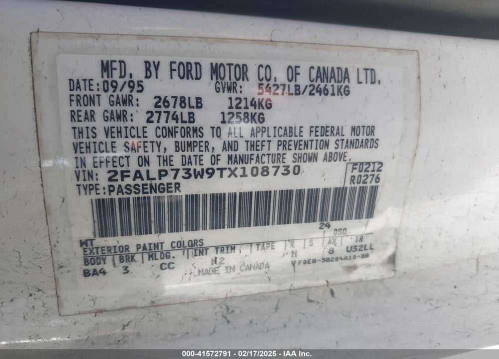 1996 FORD CROWN VICTORIA VIN: 2FALP73W9TX108730