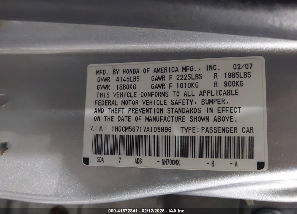 2007 HONDA ACCORD VIN: 1HGCM56717A105896