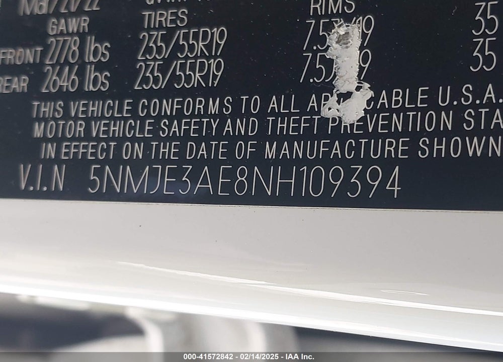 2022 HYUNDAI TUCSON LIMITED VIN: 5NMJE3AE8NH109394