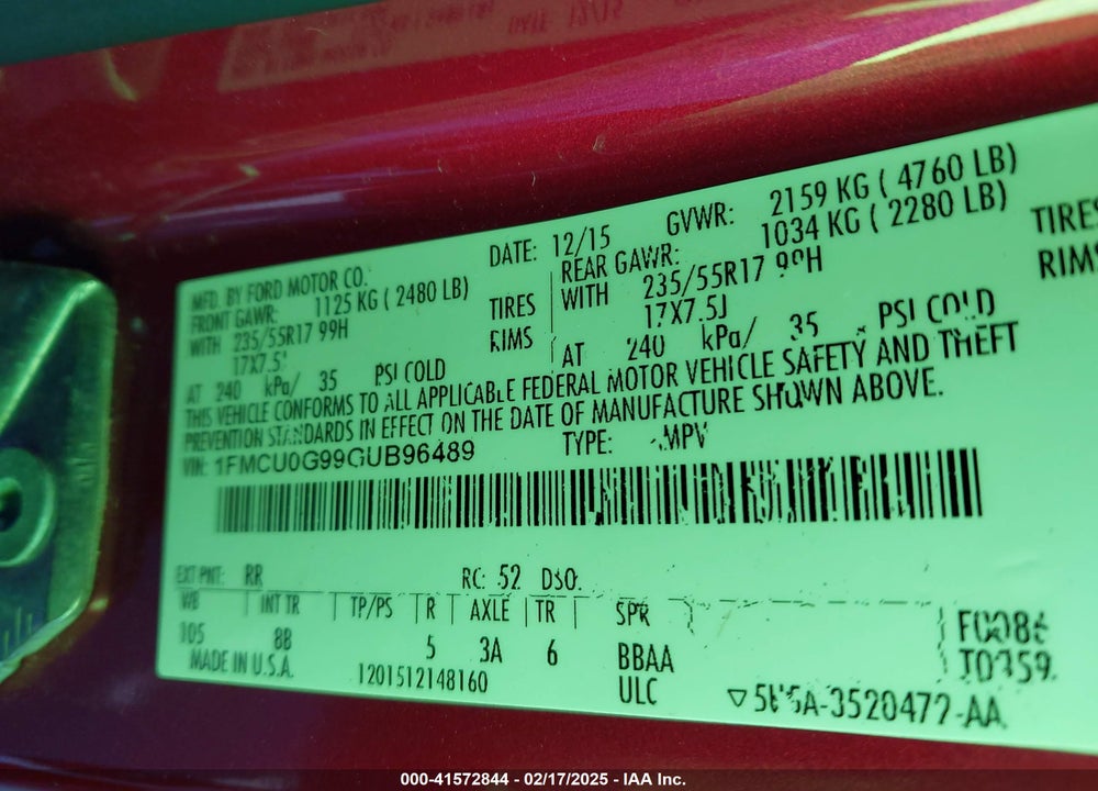 2016 FORD ESCAPE SE VIN: 1FMCU0G99GUB96489