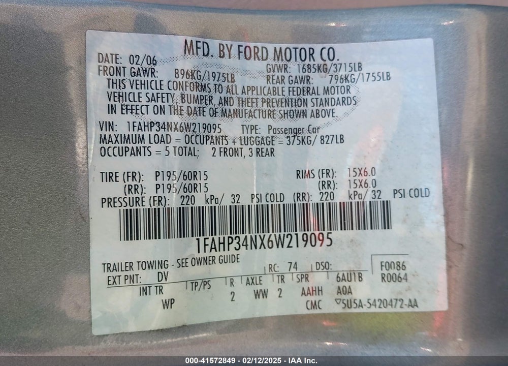2006 FORD FOCUS ZX4 VIN: 1FAHP34NX6W219095