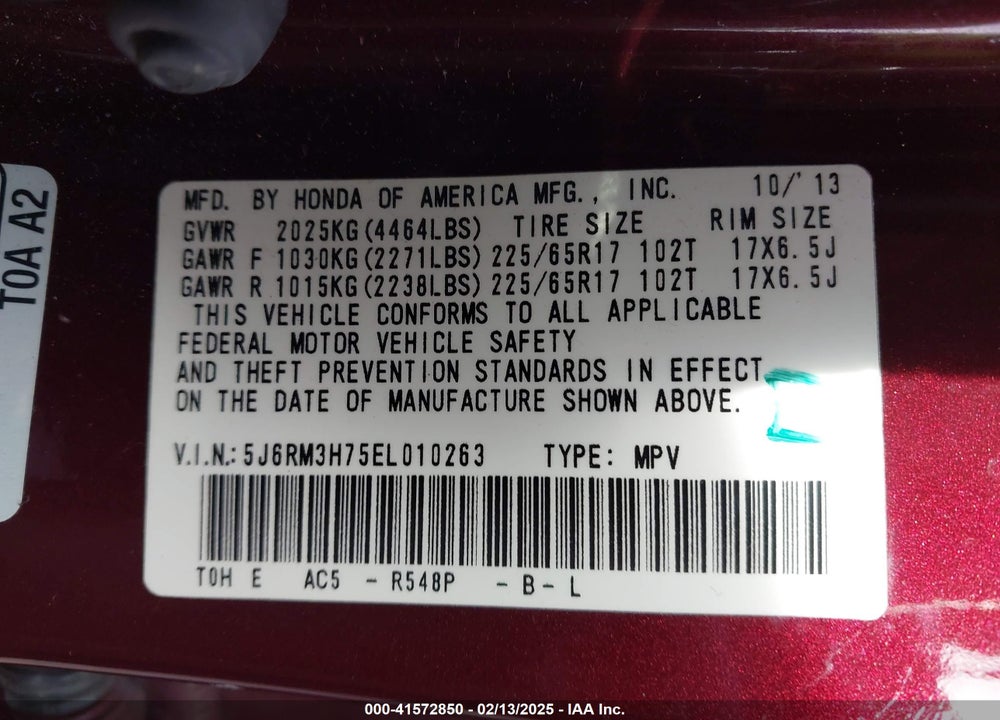 2014 HONDA CR-V VIN: 5J6RM3H75EL010263