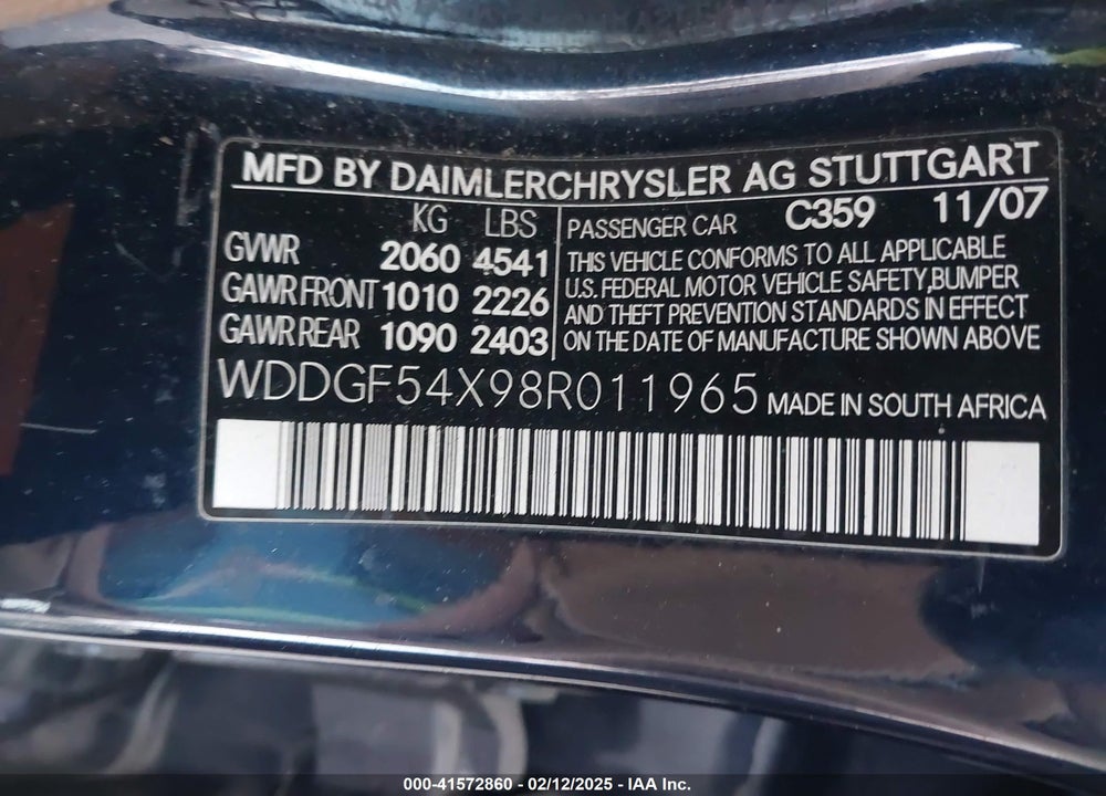 2008 MERCEDES-BENZ C VIN: WDDGF54X98R011965