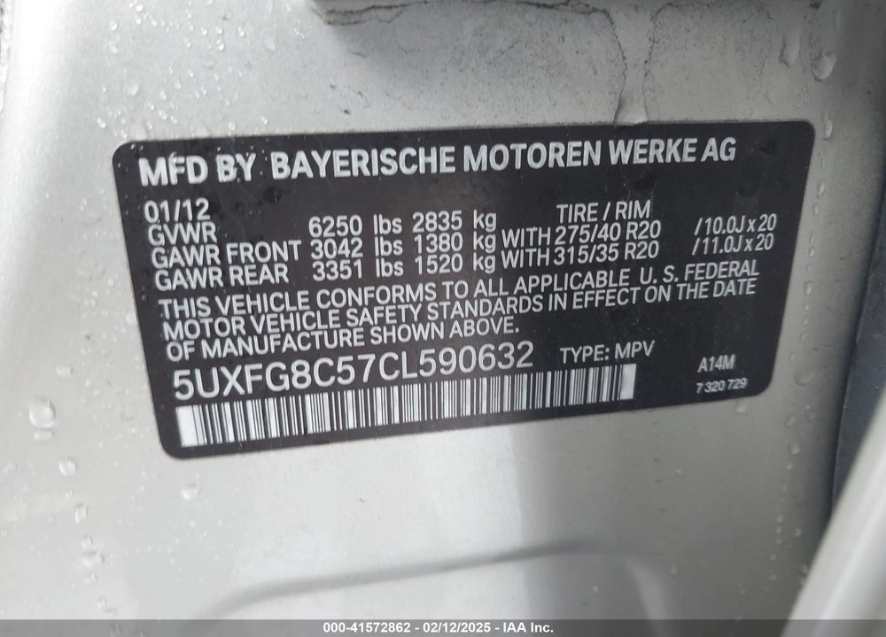 2012 BMW X6 XDRIVE50I VIN: 5UXFG8C57CL590632