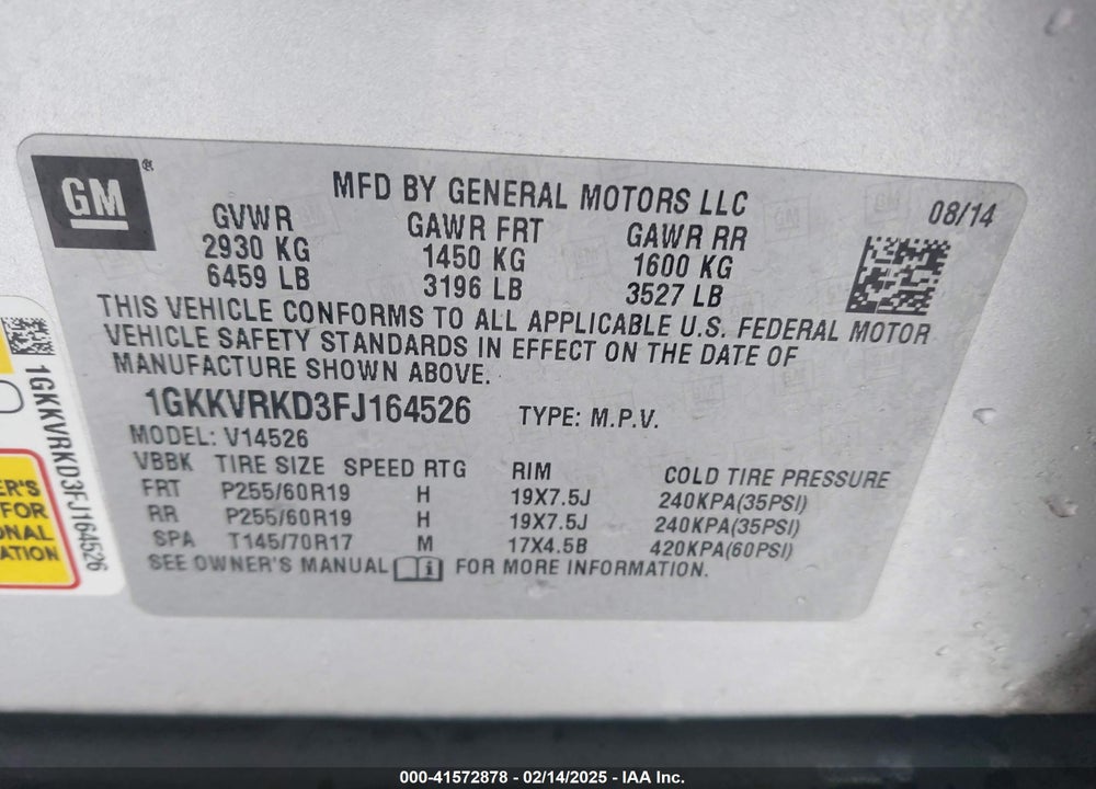 2015 GMC ACADIA SLT-1 VIN: 1GKKVRKD3FJ164526