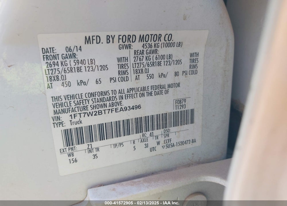 2015 FORD F-250 VIN: 1FT7W2BT7FEA93496