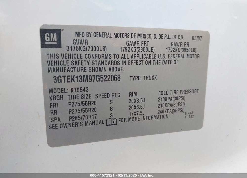 2007 GMC SIERRA 1500 VIN: 3GTEK13M97G522068