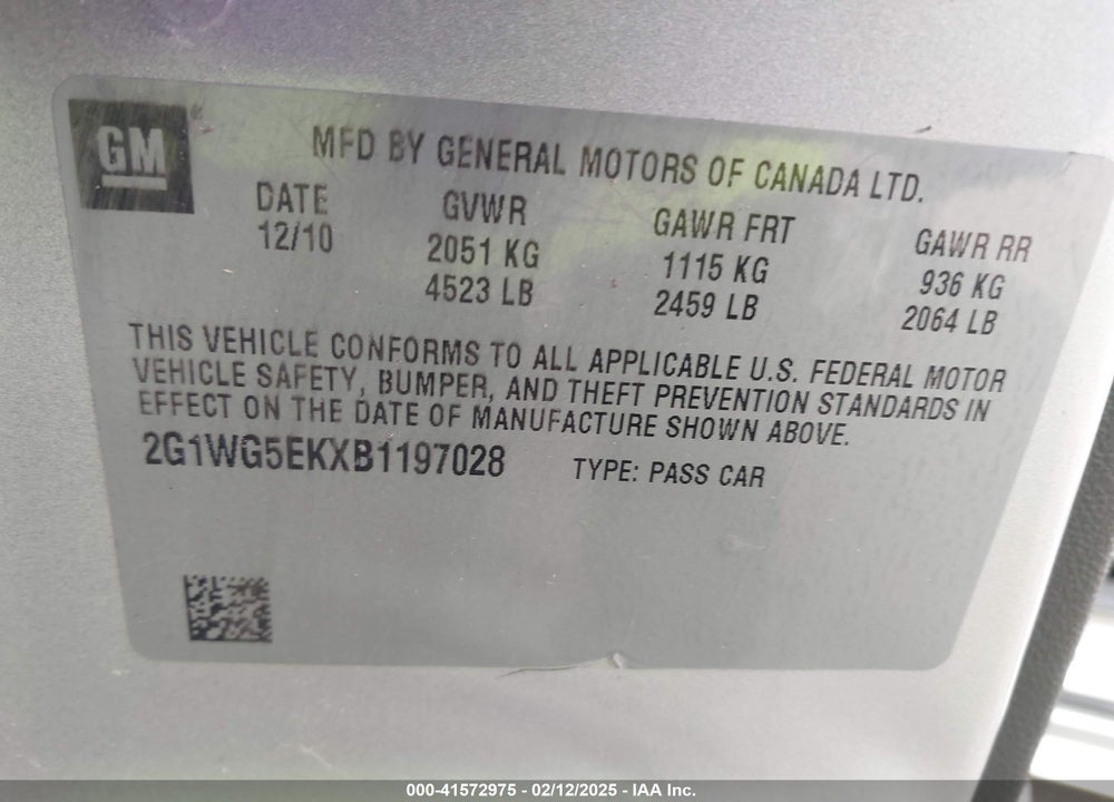 2011 CHEVROLET IMPALA LT VIN: 2G1WG5EKXB1197028
