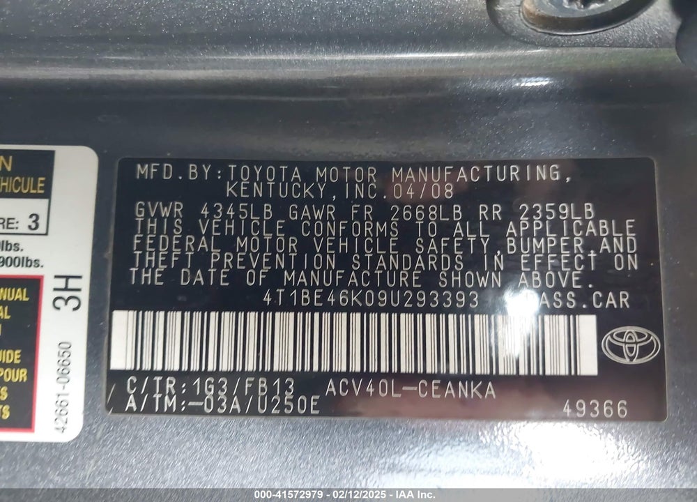 2009 TOYOTA CAMRY VIN: 4T1BE46K09U293393