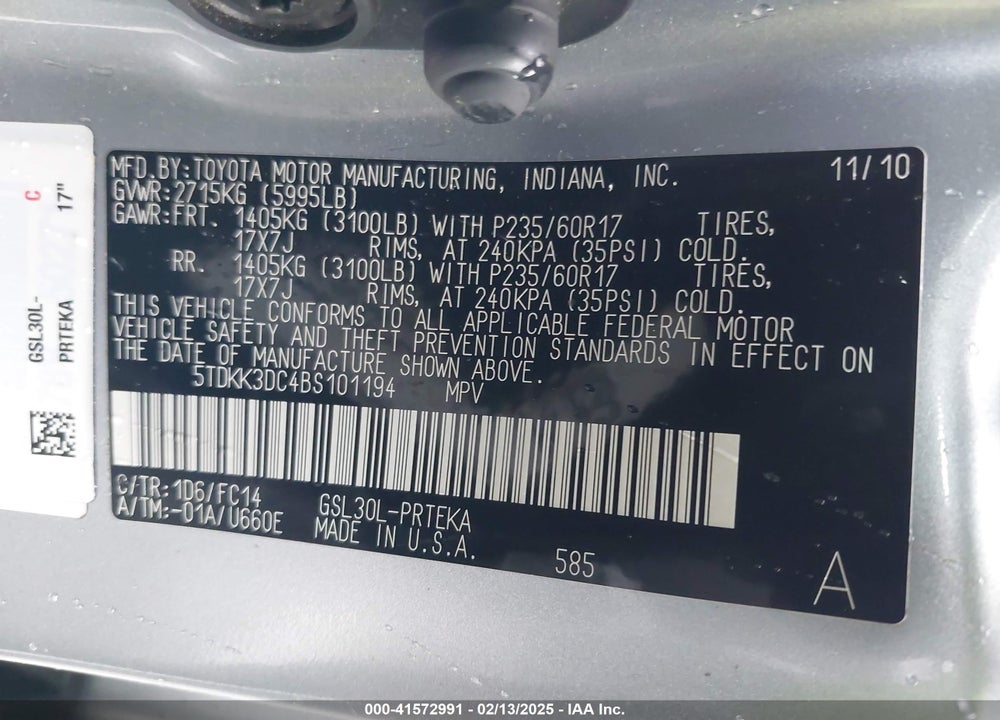 2011 TOYOTA SIENNA LE V6 VIN: 5TDKK3DC4BS101194
