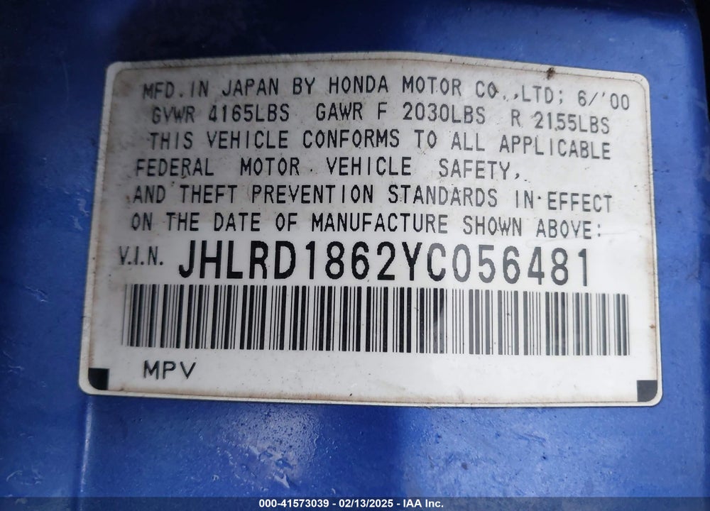 2000 HONDA CR-V EX VIN: JHLRD1862YC056481